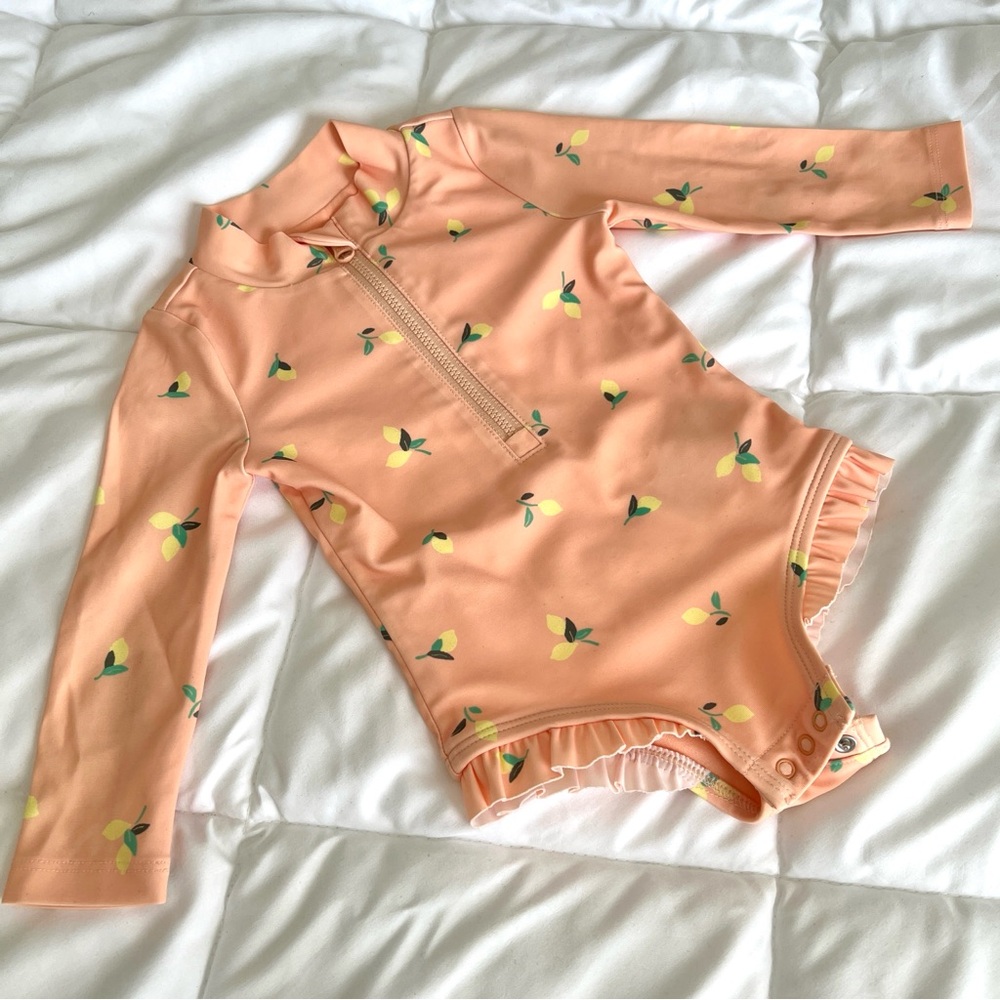 6-12M🍋 GAP Baby Rash Guard Swim Bathing Suit One Piece Ruffle Lemon Print